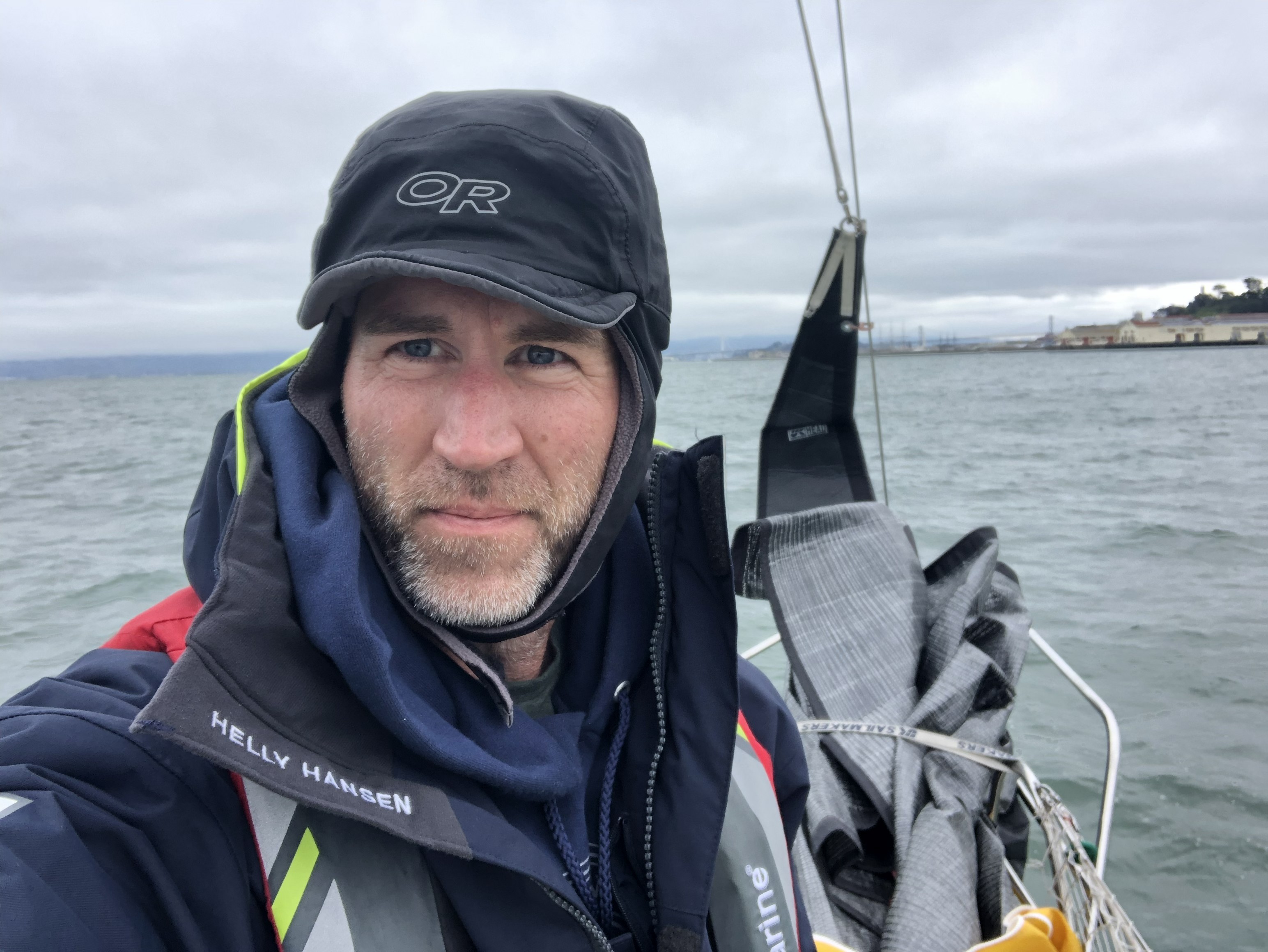 Jeremyn Horsley sailing on San Francisco Bay — marine electrician and owner of Sure Shot Marine
